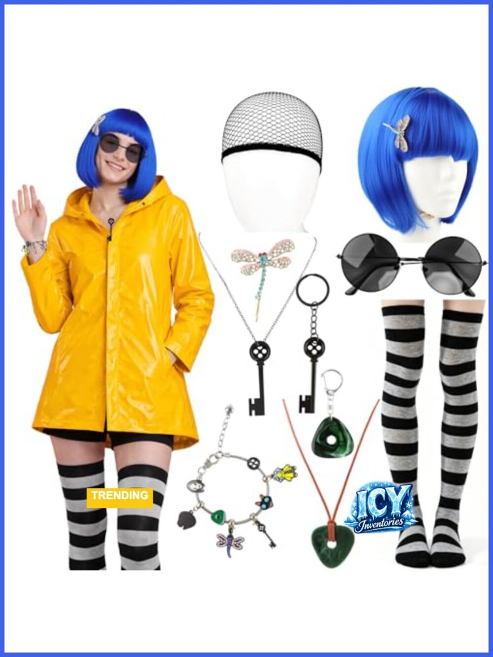 10pcs Halloween Cosplay Accessory Set - Blue Wig, Sunglasses, Key Necklace,